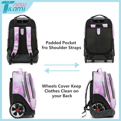 NEW TILAMI 19 inch Rolling Backpack Teens Rolling Backpack Cute Wheeled Laptop Backpack Bookbag Roller Travel Bag College, Evening Butterfly (No USB interface) - color: Purple Butterfly