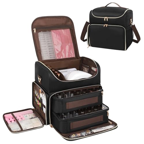 CUBETASTIC Extra Large Nail Polish Organizer Case Holds 86 to 100+ Bottles Nail Polish & Nail Lamp, Nail Supplies Storage Carrying Bag with 2 Removable Pouches - color: Heavy Duty Black