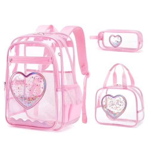 Clear Backpack for girls, 3PCS Heavy Duty Thick TPU Clear Bookbag, Transparent Bookbag Stadium Events, See Through Large Ergonomic Backpack for School Kids Women Travel Security College Concert - color: 3 Pcs Pink