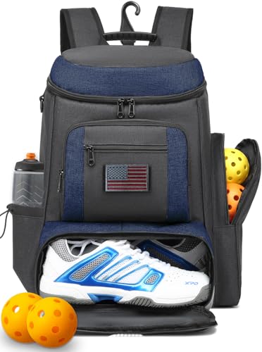 HAMBOLY Premium Pickleball Bag for Men & Women — Large Pickleball Backpack with Padded Paddle Pocket & Shoe Compartment, Tournament Ready with Insulated Cooler & Fence Hook - color: Dark Grey + Blue