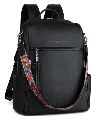 FADEON Leather Laptop Backpack for Women Designer 15.6 inch PU Laptop Bag, Ladies Travel Computer Work Backpack Black - color: Pure Black