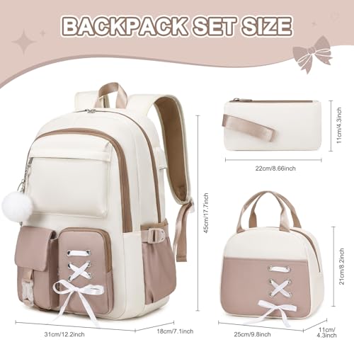 Scothen Backpacks for Girls, Girls Backpack with Lunch Box & Pencil Pouch for Teens Girl Kids Elementary Middle High School College Student Bookbag Daypack Laptop Travel Backpack for Women - color: Khaki