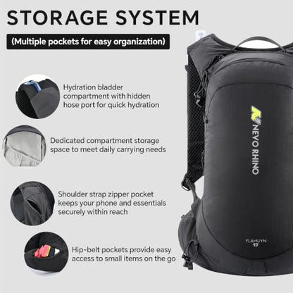 N NEVO RHINO 17L Hydration Backpack with 500ml/17oz Soft Flask for Men & Women, Lightweight Hiking Backpack, Water Backpack for Hiking, Camping, Traveling - color: Black