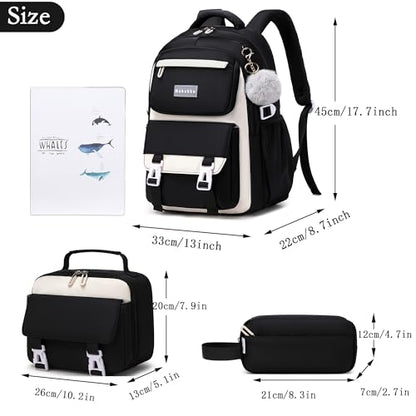 Makukke School Backpack for Girls Book Bag Set, School Bag for Teens Girls Kid Children Elementary Middle School Student, Waterproof Black Backpack - color: Black