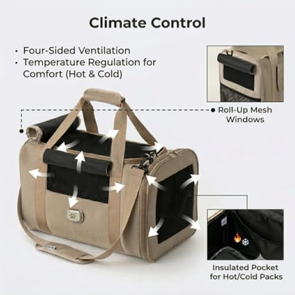 PETiCO NOA 3003 Airline Approved Pet Carrier - Pet Duffle Bag for Small Dogs & Cats Under 15 lbs, Sturdy & Machine Washable with Magnetic Snaps, Medium Size, Beige - color: Beige, size: Medium