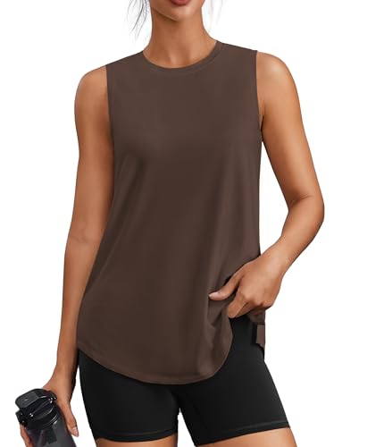 PINSPARK Workout Tops for Women Sleeveless Athletic Tank Tops UPF 50+ Running Tanks with Side Slits Loose Fit Gym Yoga Shirt - color: Brown, size: X-Large