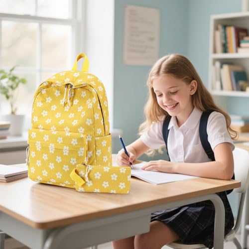 Bluboon School Backpack Set Girls Womens Laptop Bookbag Casual Daypack Fits 15 inch Laptop with Lunch Tote Bag and Pencil Bag - color: Flower 95 Yellow