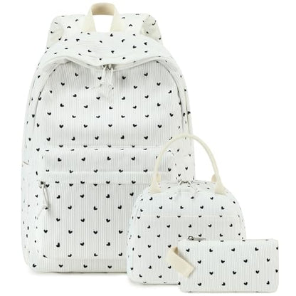 Bluboon School Backpack Set Girls Womens Laptop Bookbag Casual Daypack Fits 15 inch Laptop with Lunch Tote Bag and Pencil Bag - color: Black Heart - White