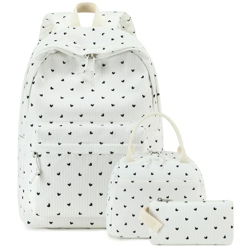 Bluboon School Backpack Set Girls Womens Laptop Bookbag Casual Daypack Fits 15 inch Laptop with Lunch Tote Bag and Pencil Bag - color: Black Heart - White