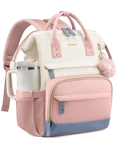 LOVEVOOK Laptop Backpack for Women, 15.6 Inch Work Business Backpacks Purse With Large Capacity, Waterproof Nurse Bag College Bookbag for School, Waterproof Casual Daypack for Travel - color: Pink-cream-blue, size: 15.6 INCH