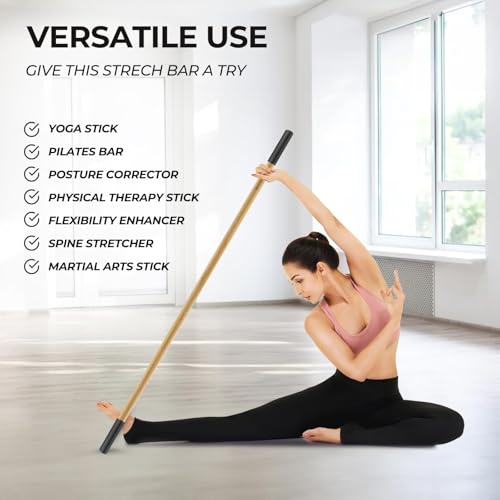 Mobility Yoga Stick for Home and Gym, Natural Bamboo Yoga Stick, Stretching Stick, Premium Stretch Bar with Comfy Grips, Physical Therapy Stick, Exercise Stick for Stretching, Workout Posture Corrector Stick