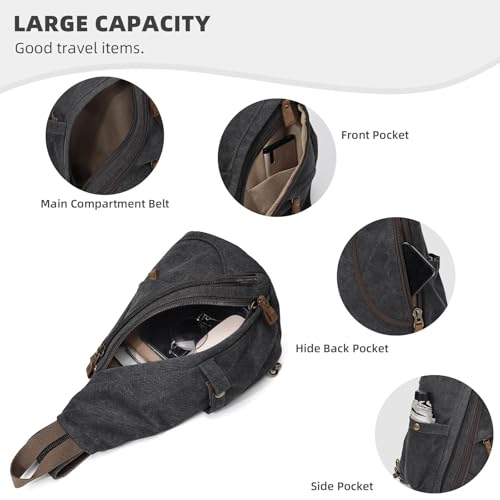 KouLi Buir Canvas Sling Bag - Small Crossbody Backpack Shoulder Casual Daypack Rucksack for Men Women - color: Black