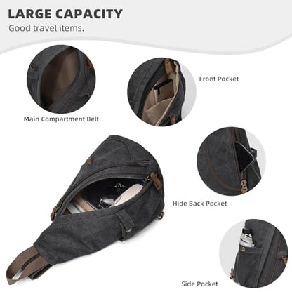KouLi Buir Canvas Sling Bag - Small Crossbody Backpack Shoulder Casual Daypack Rucksack for Men Women - color: Black