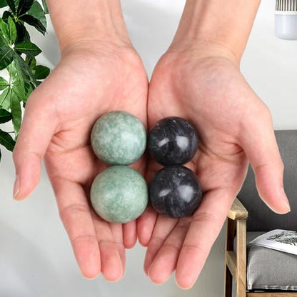 Healifty Baoding Balls for Hand Exercise: 4 Pack Small Marble Chinese Massage Ball Set, No Chime Weighted Therapy Stress Relief, Green and Black 1.4 Inch