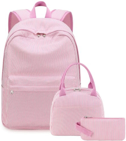 Bluboon Teen Girls School Backpack Kids Bookbag Set with Lunch Box Pencil Case Travel Laptop Backpack Casual Daypacks (Beige bow tie) - color: Pink & White Striped