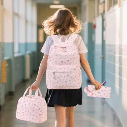 Bluboon School Backpack for Teen Girls Women Laptop Backpack College Bookbags Middle School Travel Work Commuter Back Pack - color: Pink Bow Tie