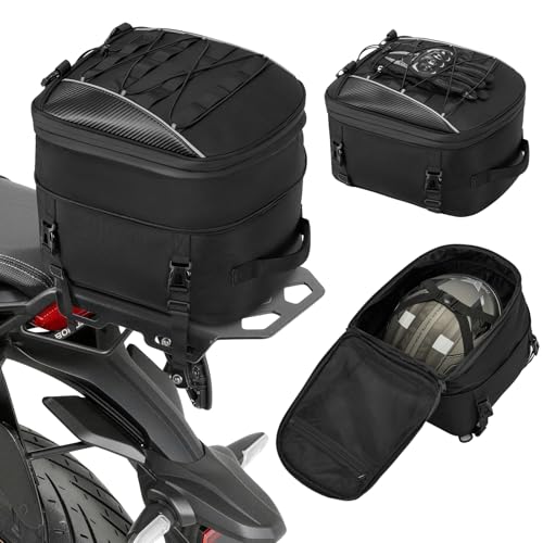 RAINSMORE Motorcycle Tail Bag,Dual-Use Rear Seat Bag with Waterproof Rain Cover,22-34L Expandable Motorbike Luggage Bag Backpack for Full Face Helmet Storage for Touring Adventure - color: Black