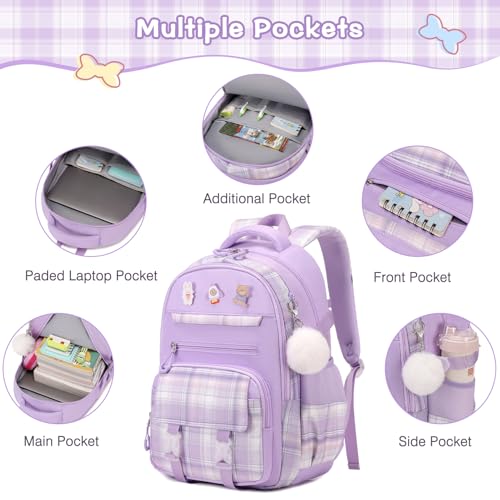 3PCS School Backpack for Girls, Girls Backpack with Lunch Box, Pencil Case, Cute Kawaii Plaid Book Bag for Teen Girl Kindergarten Elementary Preschool Middle High School, Purple - color: Purple