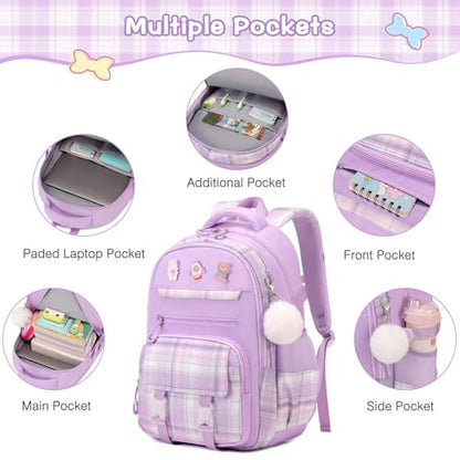 3PCS School Backpack for Girls, Girls Backpack with Lunch Box, Pencil Case, Cute Kawaii Plaid Book Bag for Teen Girl Kindergarten Elementary Preschool Middle High School, Purple - color: Purple