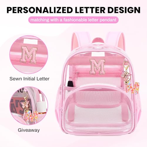 PIG PIG GIRL Clear Backpacks for Stadium Events Approved 12×6×12 Clear Bookbag for Women Mini Transparent Letter Back Pack, Pink, Letter-M - color: Pink, style: M