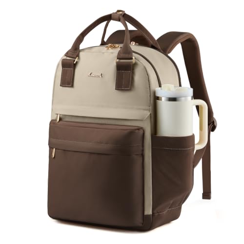 LOVEVOOK Laptop Backpack for Women with Giant Tumbler Holder Pocket, 15.6 inch Laptop Computer Bag Travel Backpack Purse, Waterproof Work Nurse Teacher Bag College School - color: Coffee & Dark Khaki, size: 15.6 Inch-cup