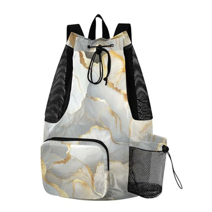 Drawstring Beach Bags Sports Gym Bag With Water Bottle Pocket String Back Pack Wet and Dry Separation Marble White Neutral - color: Color 12