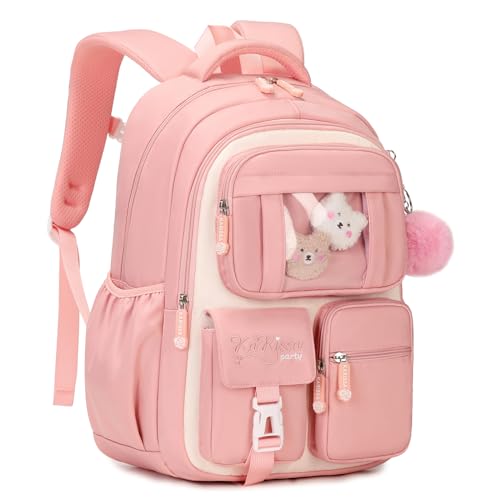 PIG PIG GIRL Kids Backpack for Girls School Bags for Middle School Students Book Bag for Elementary Primary Kawaii Ita Backpack, Pink and Beige - color: Pink and Beige