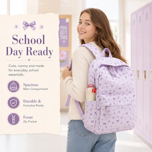 LEDAOU School Backpack for Teen Girls Elementary Middle School Bookbag Kids Backpacks Women Laptop Backpack Travel Daypack (Flower Bow - Purple) - color: Flower Bow - Purple