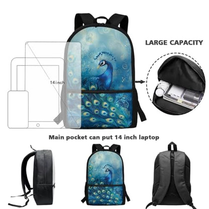 ZDCUSTOM Girls Backpack with Lunch Box, Peacock School Bookbag for 2nd 3rd Grade Girls, Cute School Backpack with Pencil Case & Water Bottle Cover & Keychain, Blue Schoolbags Sets 5PCS - color: Peacock