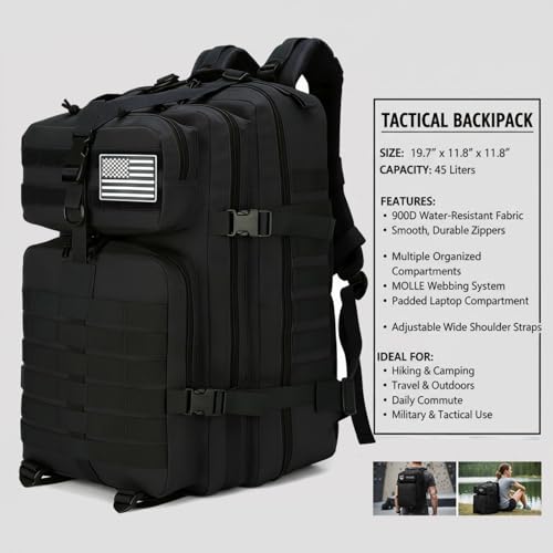 45L Military Tactical Backpack for Men & Women Bug Out Bag Assault pack Molle Daypack Hiking Trekking Rucksack(45L black) - color: 45l Black