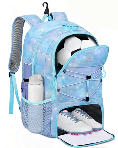 MATEIN Girls Soccer Backpack, Large Basketball Bag with Ball Holder & Shoe Compartment for Tournament & Game Day, Lightweight Youth Sports Bag with Fence Hook Fits 15.6 Inch Laptop, Soccer Team Gifts - color: Sky Blue