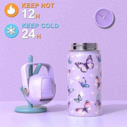 Bevalsa Backpack for Girls, School Bookbag Teen Girls Backpack Set with 14oz Insulated Water Bottle Stainless Steel, Lunch Bag & Pencial Case for Kids Elementary Middle Student (Purple Butterfly) - color: Purple Butterfly