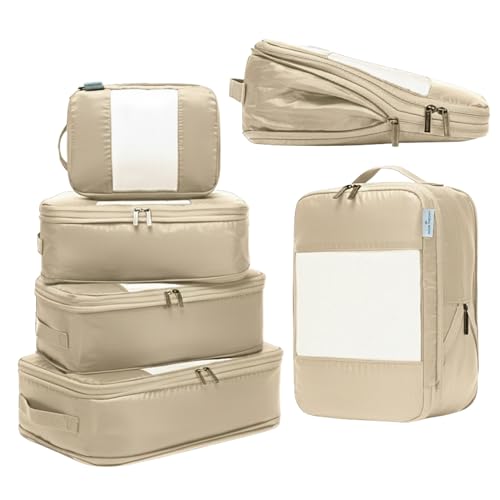 6-Pack Large Compression Packing Cubes for Travel - Lightweight Compression Packing Cube Set, Water-Resistant Luggage Organizer Bags & Suitcase Organizers, Travel Cubes for Carry-On, Checked Luggage - color: Cream, size: 6 Pack