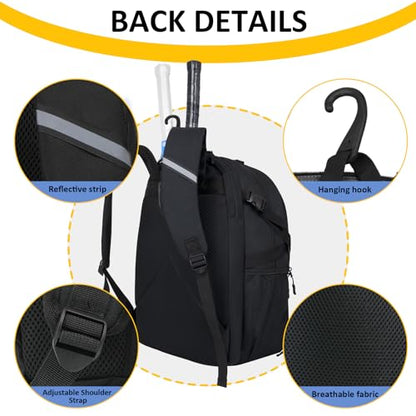 Goloni Tennis Backpack, Tennis Bag with Fence Hook & Ventilated Shoe Compartment, Holds 2 Tennis Rackets - color: Black