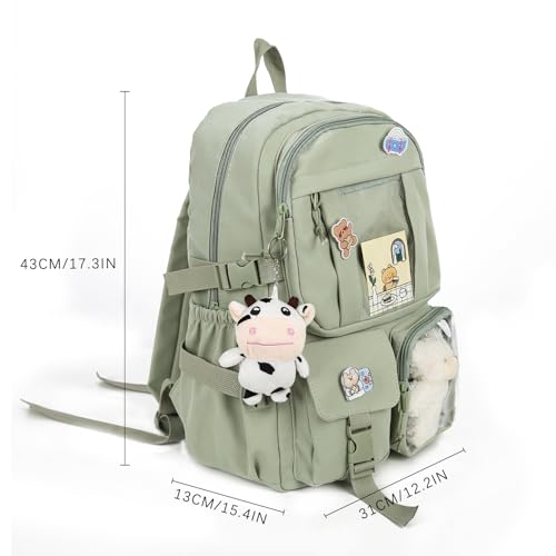 Kawaii Backpack with Cute Bear Plush Kawaii Pin Accessories Large Capacity Aesthetic School Bags Cute Bookbag for Girls Teen(Simple, Army Green) - color: Army Green