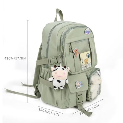 Kawaii Backpack with Cute Bear Plush Kawaii Pin Accessories Large Capacity Aesthetic School Bags Cute Bookbag for Girls Teen(Simple, Army Green) - color: Army Green