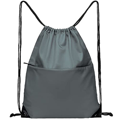 Drawstring Backpack Sports Water Resistant String Bag Sport Gym Sackpack for Women Men Large with Zipper, Grey - color: Grey