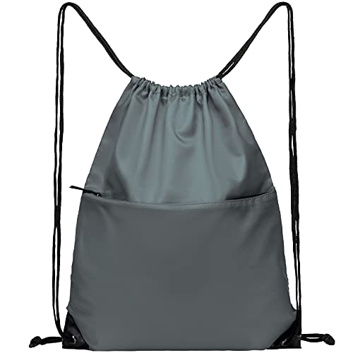 Drawstring Backpack Sports Water Resistant String Bag Sport Gym Sackpack for Women Men Large with Zipper, Grey - color: Grey