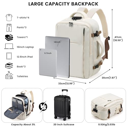 TANTOMI Travel Backpack for Women, Carry On Backpack with Wet-Dry Separation Compartment, TSA-Compliant Laptop Backpack, Personal Item Travel Bag with Anti-Theft Lock for Weekender (Cream White) - color: 2-cream White