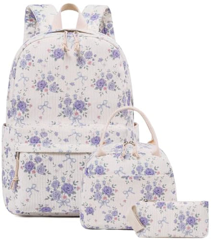BTOOP School Backpacks for Teen Girls Bookbags Lightweight Kids Backpack School Bags Set with Lunch Box Pencil Case - color: Purple Flroal Bow