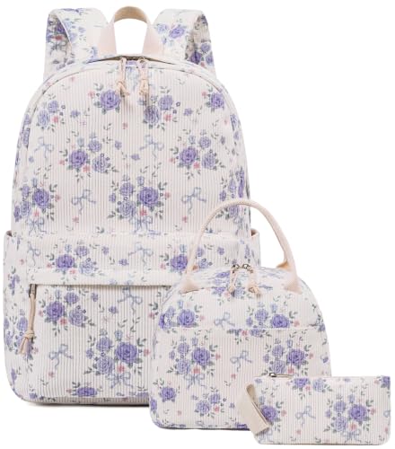 BTOOP School Backpacks for Teen Girls Bookbags Lightweight Kids Backpack School Bags Set with Lunch Box Pencil Case - color: Purple Flroal Bow