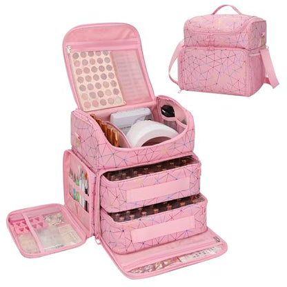 CUBETASTIC Extra Large Nail Polish Organizer Case Holds 86 to 100+ Bottles Nail Polish & Nail Lamp, Nail Supplies Storage Carrying Bag with 2 Removable Pouches (Triangle Pink, 86 Slots) - color: Triangle Pink