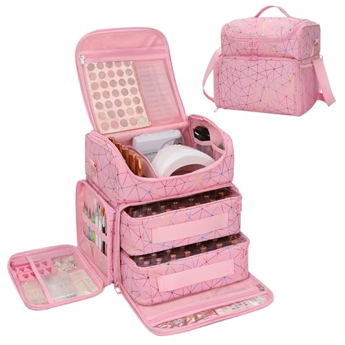 CUBETASTIC Extra Large Nail Polish Organizer Case Holds 86 to 100+ Bottles Nail Polish & Nail Lamp, Nail Supplies Storage Carrying Bag with 2 Removable Pouches (Triangle Pink, 86 Slots) - color: Triangle Pink