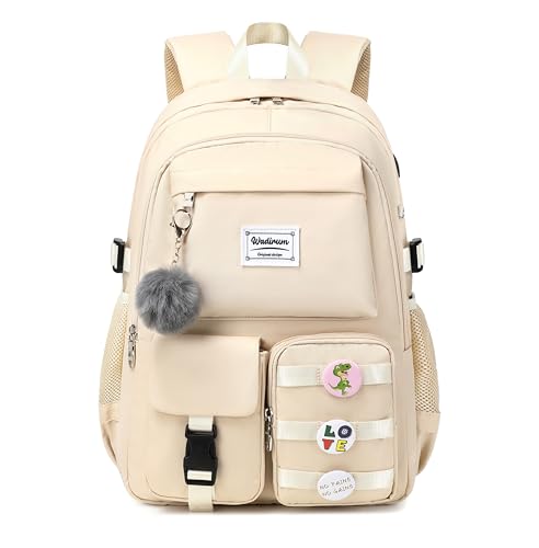 Wadirum Women Casual Backpack Set Girl School Bookbag Set Cute Laptop Ruaksack Beige - color: Beige
