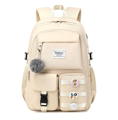 Wadirum Women Casual Backpack Set Girl School Bookbag Set Cute Laptop Ruaksack Beige - color: Beige