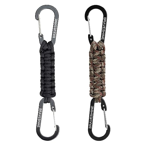 BRAVESHINE Paracord Keychain Carabiner Clip, D Ring Lanyard Hanger Stroller Hook for Water Bottle, Key, Backpacks, Men, Women - color: 1 Black 1 Camo