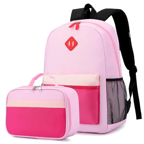 Backpack Set for Girls Boy Kids Backpack with Lunch Box for Elementary Primary Kindergarten School Bag (Purple Pink Set, Large) - color: Purple Pink