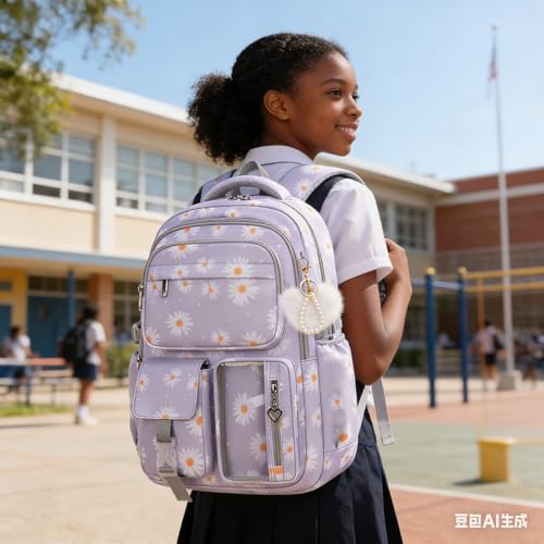 Girls Backpack Set with Lunch Box & Pencil Case, Floral Print Girls School Backpack for Elementary/Middle/High School (Grey-Daisy) - color: Grey-daisy