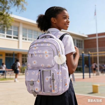 Girls Backpack Set with Lunch Box & Pencil Case, Floral Print Girls School Backpack for Elementary/Middle/High School (Grey-Daisy) - color: Grey-daisy