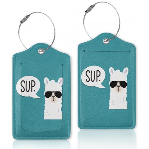 2 Pcs Luggage Tags for Suitcases,Funny Sup Llama Leather Baggage Tags Identifiers for Travel, Privacy Protection Travel Bag Labels Suitcase Tags for Women Men - color: Funny Sup Llama
